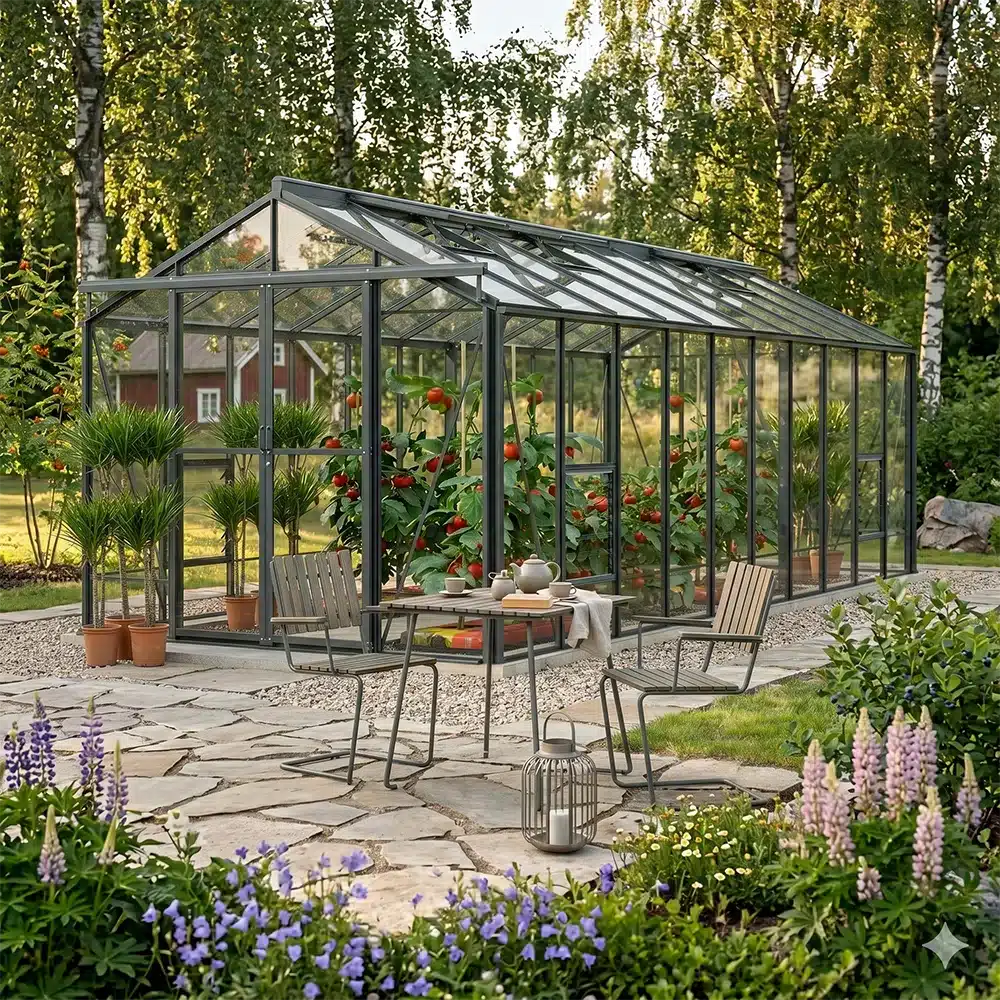Antrasiitinharmaa kasvihuone puutarhassa